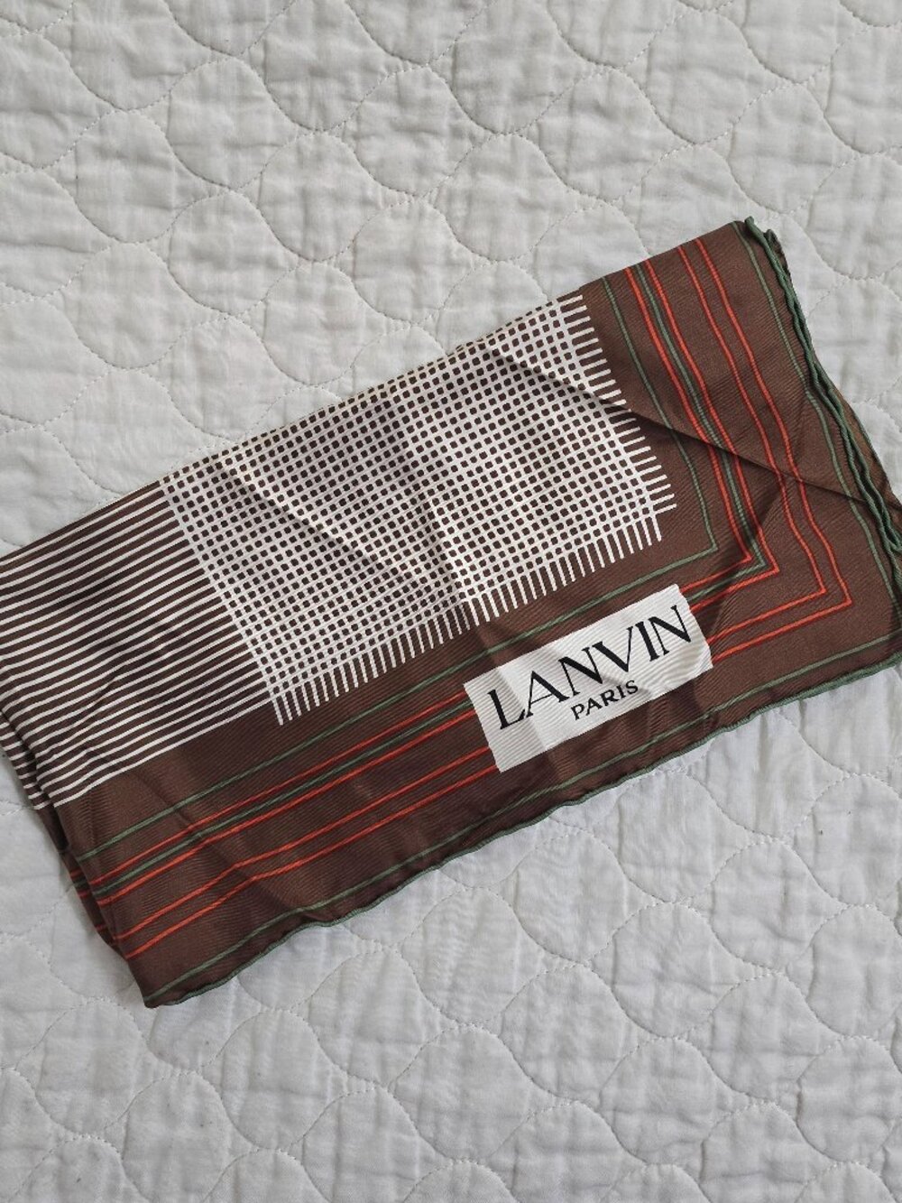 Vtg Lanvin Paris 100% Silk Scarf Brown Geometric Stripes Cream Orange Green EUC.